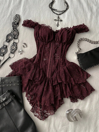 Attitoon Women's Casual Retro Corset Lace Bodycon Asymmetrical Hem Mini Dress, Suitable For Y2K,Dresses For Women Summer