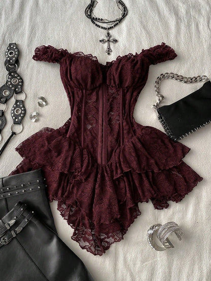 Attitoon Women's Casual Retro Corset Lace Bodycon Asymmetrical Hem Mini Dress, Suitable For Y2K,Dresses For Women Summer