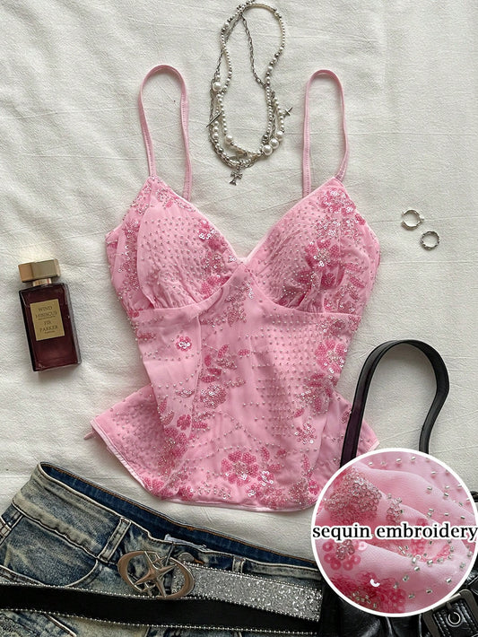 Attitoon Women's Pink Floral Summer Seductive Club Night 3D Embroidered Beaded Sequin Vest,Luxurious Bohemian Retro Elegant Vacation Beach Top