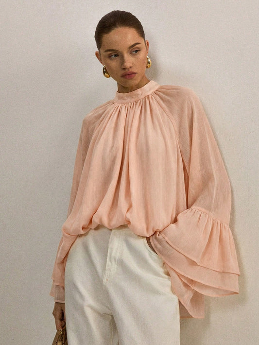 ATUI Studio Women's Bell Sleeve Wedding Guest Blouse- Elegant Long Sleeve Shirt With Flared Cuffs For Office & Daily Wear