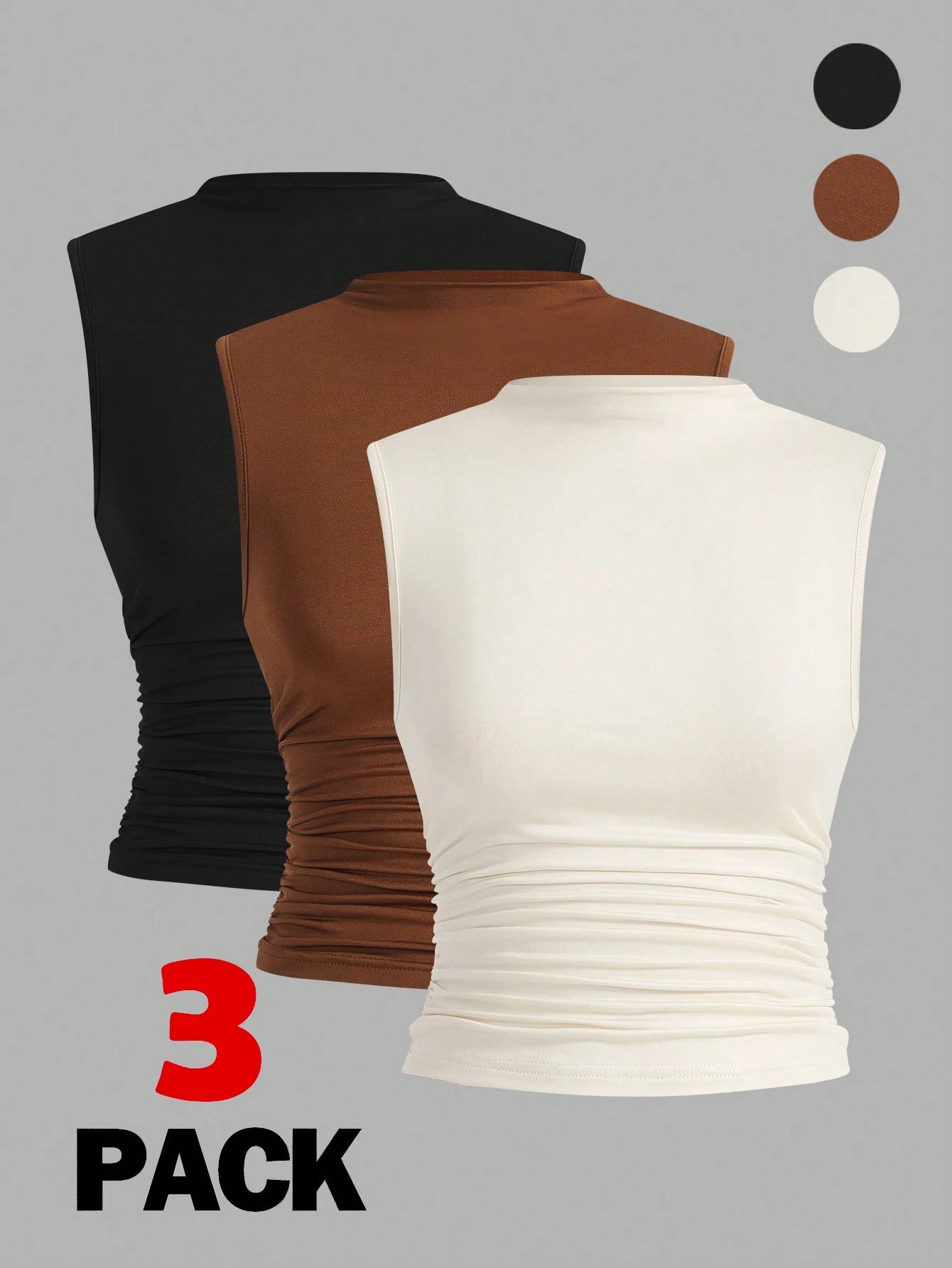 Auralis Plus Size 3-Pack Summer Basic Solid Color Tight Tank Top With Small Stand Collar And Pleated Detailing
