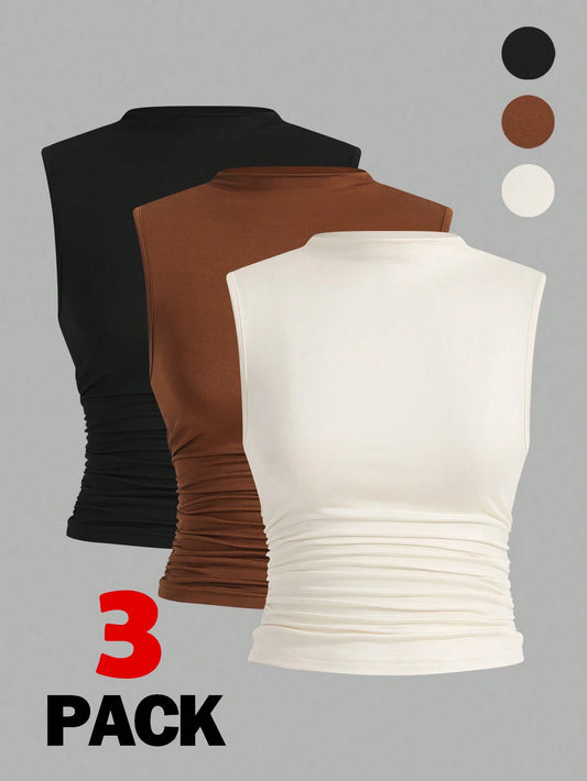 Auralis Plus Size 3-Pack Summer Basic Solid Color Tight Tank Top With Small Stand Collar And Pleated Detailing