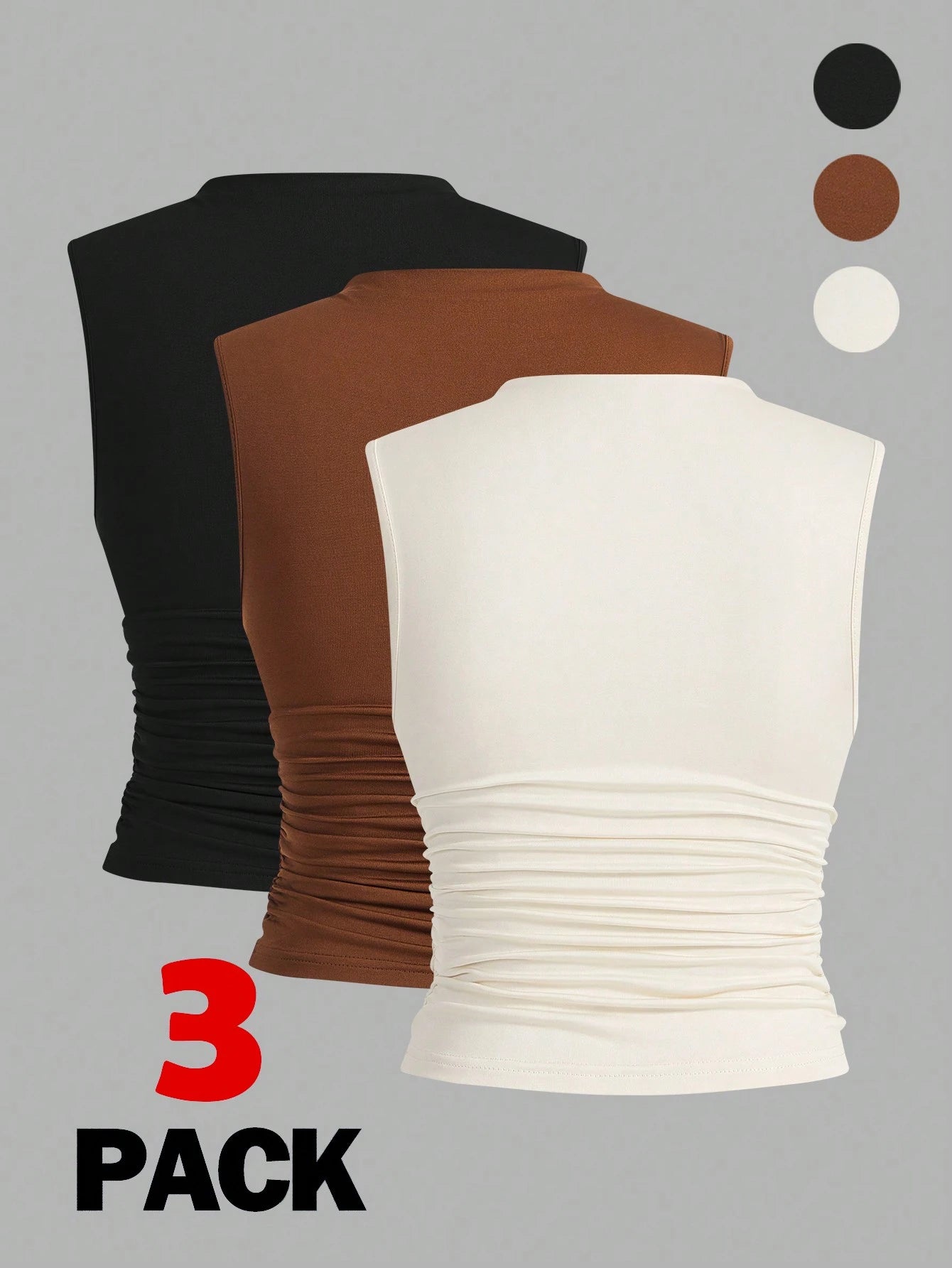 Auralis Plus Size 3-Pack Summer Basic Solid Color Tight Tank Top With Small Stand Collar And Pleated Detailing