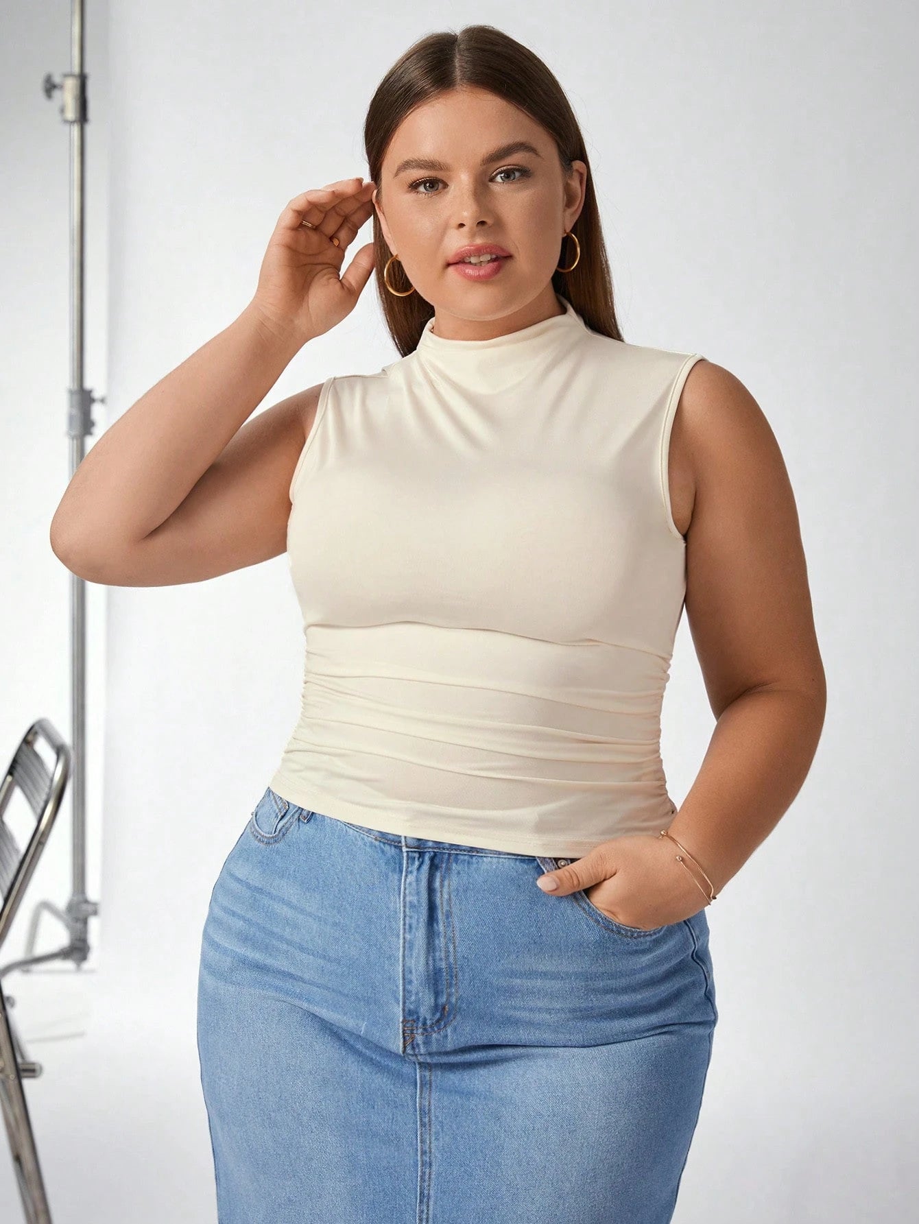 Auralis Plus Size 3-Pack Summer Basic Solid Color Tight Tank Top With Small Stand Collar And Pleated Detailing