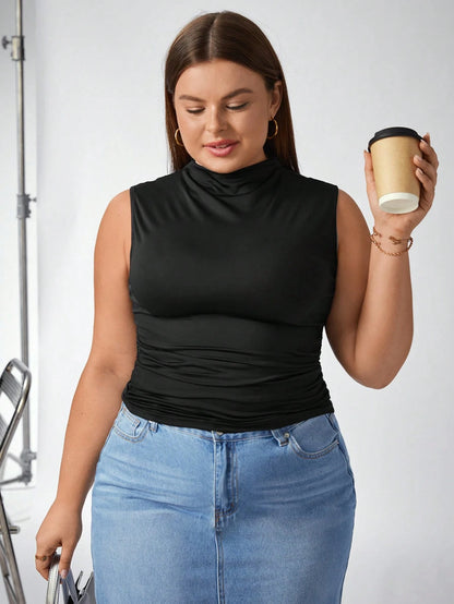 Auralis Plus Size 3-Pack Summer Basic Solid Color Tight Tank Top With Small Stand Collar And Pleated Detailing