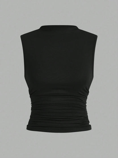 Auralis Plus Size 3-Pack Summer Basic Solid Color Tight Tank Top With Small Stand Collar And Pleated Detailing