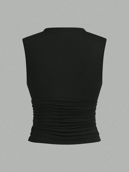 Auralis Plus Size 3-Pack Summer Basic Solid Color Tight Tank Top With Small Stand Collar And Pleated Detailing