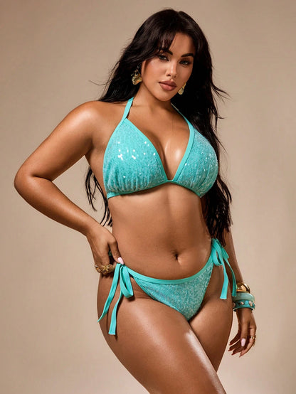 Auralis Plus Size Women Light Teal Sequin Halter Tie Bikini Swimsuit Set,Summer Classy Beach Ocean Blue Casual Elegant Bathing Suits For Woman Swimwear
