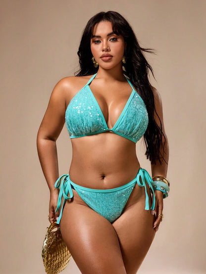 Auralis Plus Size Women Light Teal Sequin Halter Tie Bikini Swimsuit Set,Summer Classy Beach Ocean Blue Casual Elegant Bathing Suits For Woman Swimwear