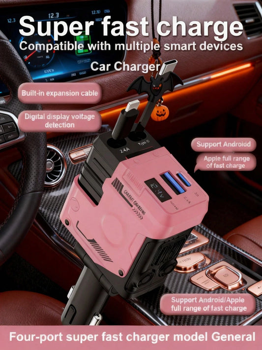 Automotive Charger With Industrial Design, Ultra-Rapid 120W Vehicle Power Adapter Featuring Auto-Retracting 4-In-1 Multi-Device Cord (Lightning/USB-C Compatible). Universal Compatibility For Phone 15