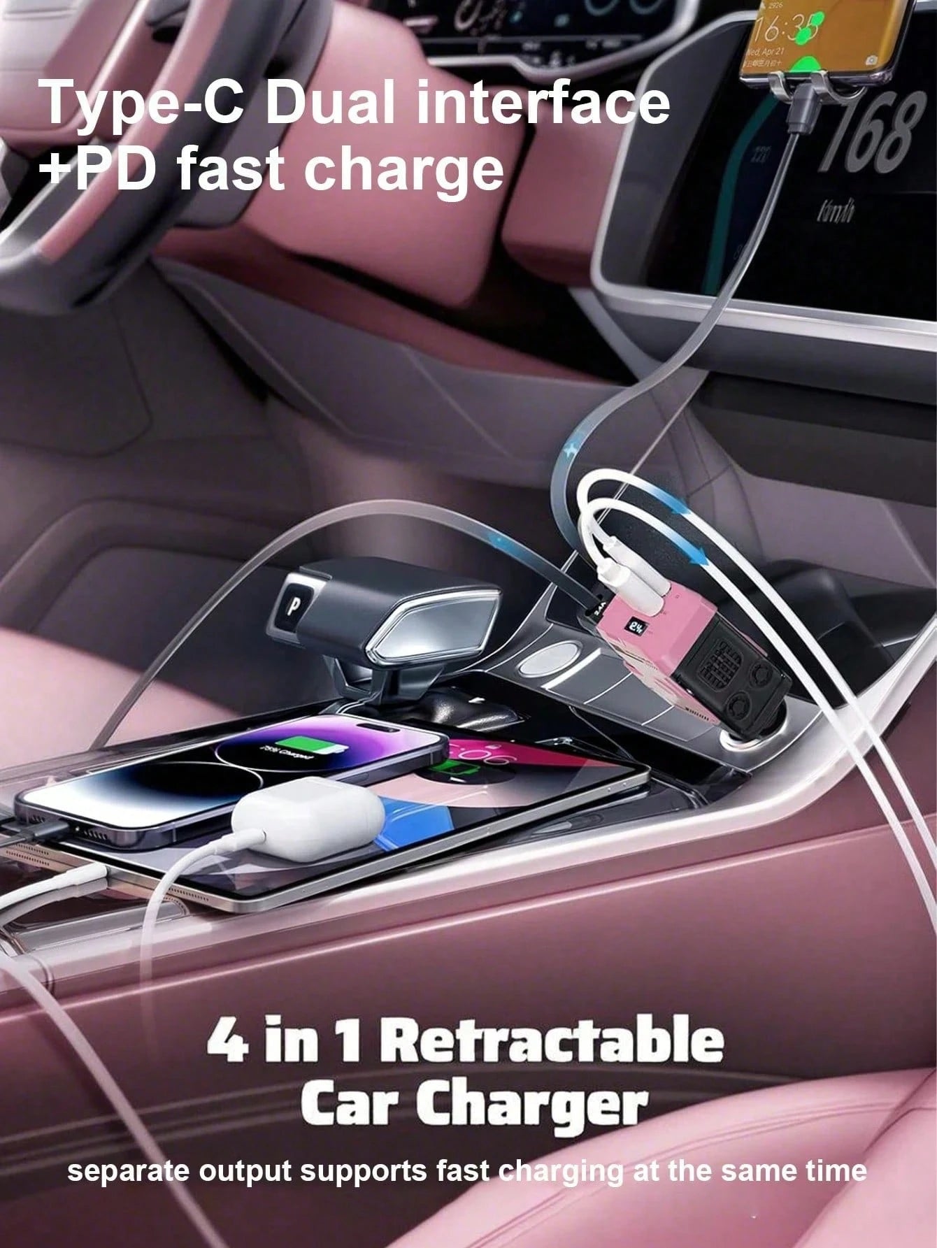 Automotive Charger With Industrial Design, Ultra-Rapid 120W Vehicle Power Adapter Featuring Auto-Retracting 4-In-1 Multi-Device Cord (Lightning/USB-C Compatible). Universal Compatibility For Phone 15