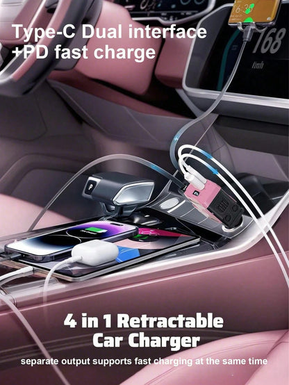 Automotive Charger With Industrial Design, Ultra-Rapid 120W Vehicle Power Adapter Featuring Auto-Retracting 4-In-1 Multi-Device Cord (Lightning/USB-C Compatible). Universal Compatibility For Phone 15