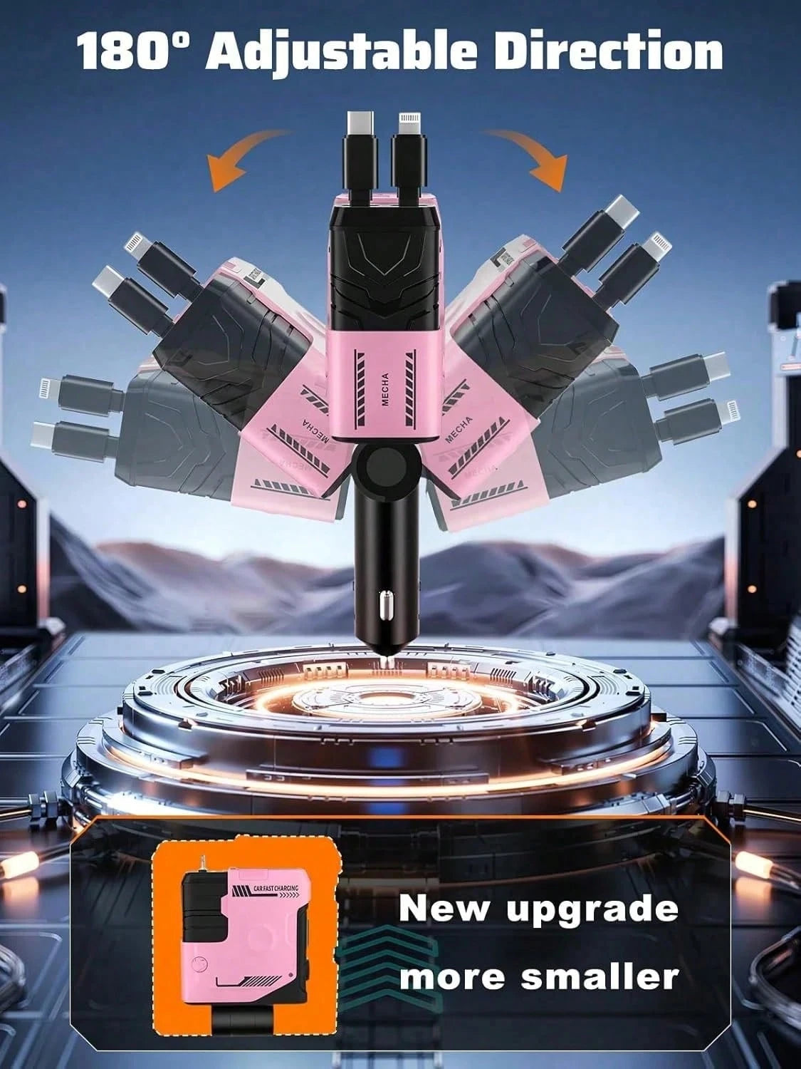 Automotive Charger With Industrial Design, Ultra-Rapid 120W Vehicle Power Adapter Featuring Auto-Retracting 4-In-1 Multi-Device Cord (Lightning/USB-C Compatible). Universal Compatibility For Phone 15