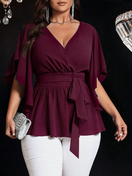 Auvina Plus Size Women's Solid Color Fitted V-Neck Flare Sleeve Tie Waist Ruffle Hem Elegant Casual Party Blouse
