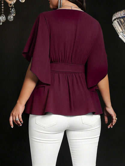 Auvina Plus Size Women's Solid Color Fitted V-Neck Flare Sleeve Tie Waist Ruffle Hem Elegant Casual Party Blouse