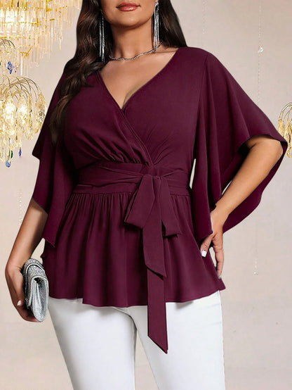 Auvina Plus Size Women's Solid Color Fitted V-Neck Flare Sleeve Tie Waist Ruffle Hem Elegant Casual Party Blouse
