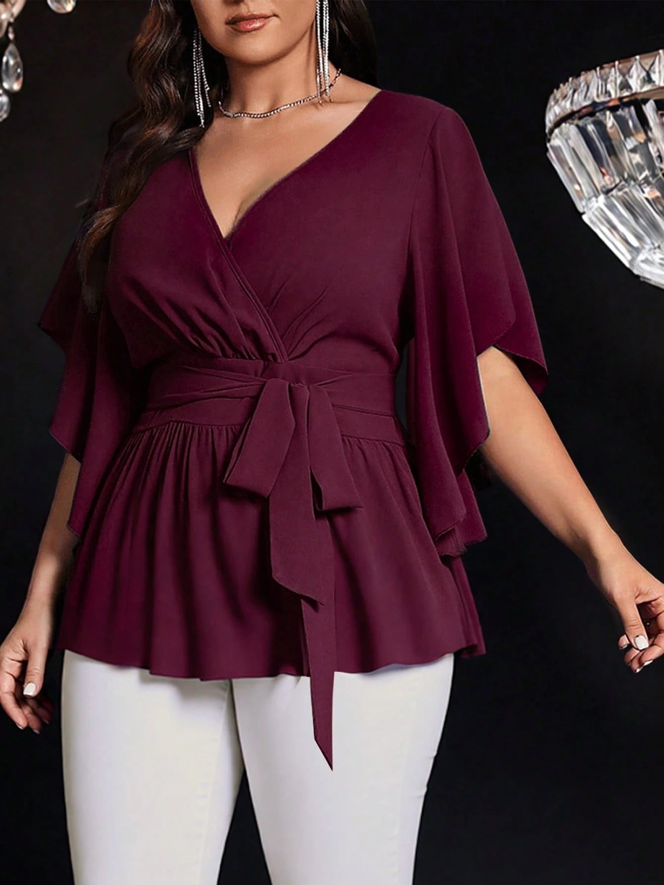 Auvina Plus Size Women's Solid Color Fitted V-Neck Flare Sleeve Tie Waist Ruffle Hem Elegant Casual Party Blouse