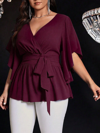 Auvina Plus Size Women's Solid Color Fitted V-Neck Flare Sleeve Tie Waist Ruffle Hem Elegant Casual Party Blouse