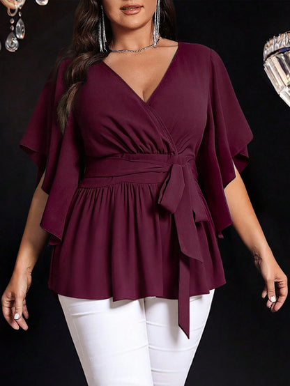 Auvina Plus Size Women's Solid Color Fitted V-Neck Flare Sleeve Tie Waist Ruffle Hem Elegant Casual Party Blouse
