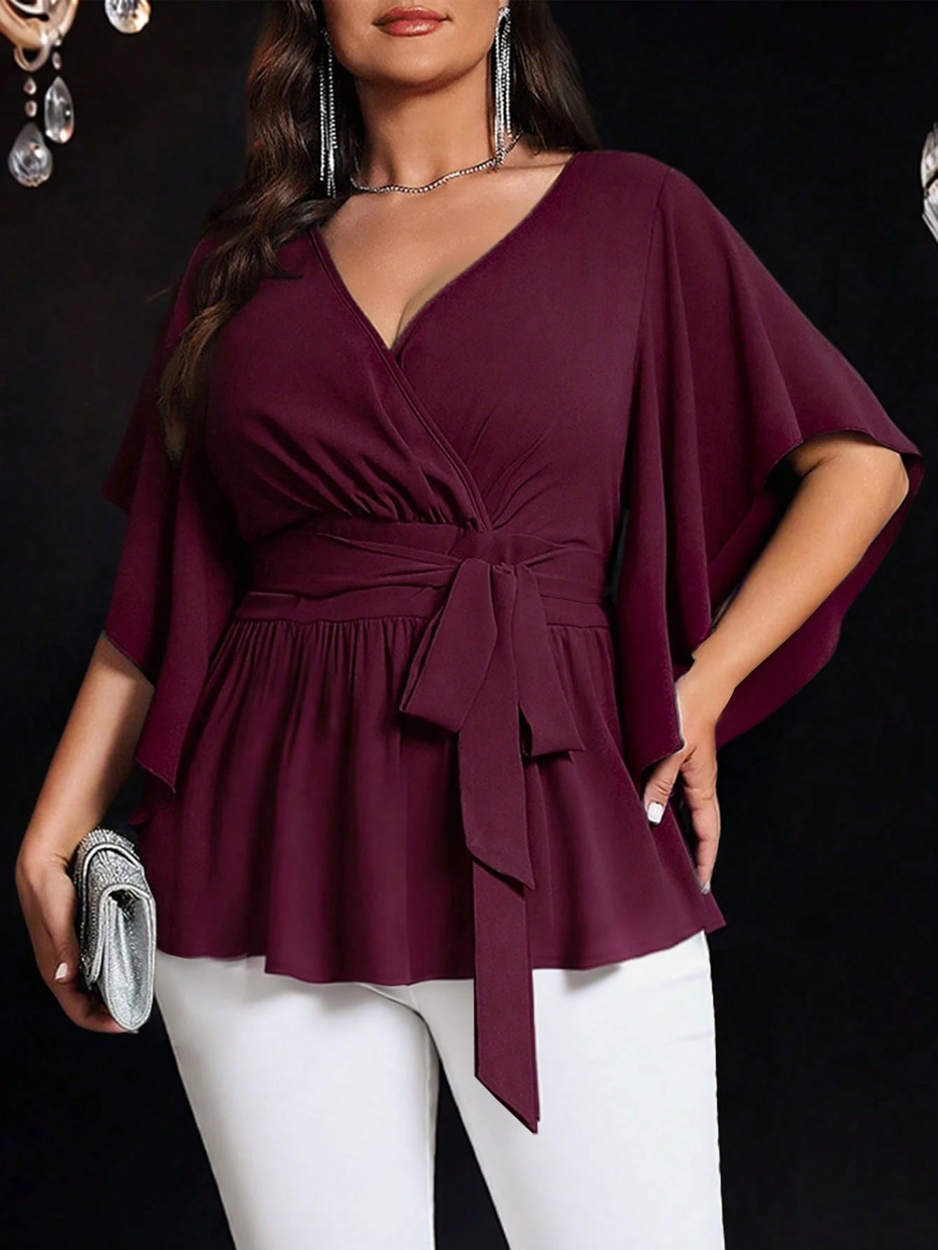 Auvina Plus Size Women's Solid Color Fitted V-Neck Flare Sleeve Tie Waist Ruffle Hem Elegant Casual Party Blouse