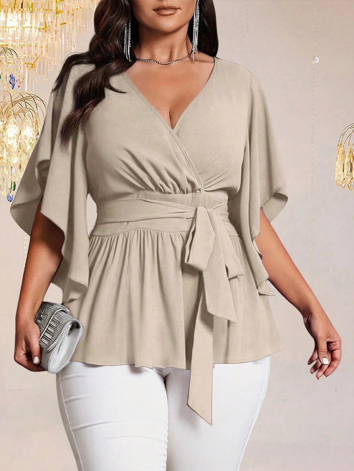 Auvina Plus Size Women's Solid Color Fitted V-Neck Flare Sleeve Tie Waist Ruffle Hem Elegant Casual Party Blouse