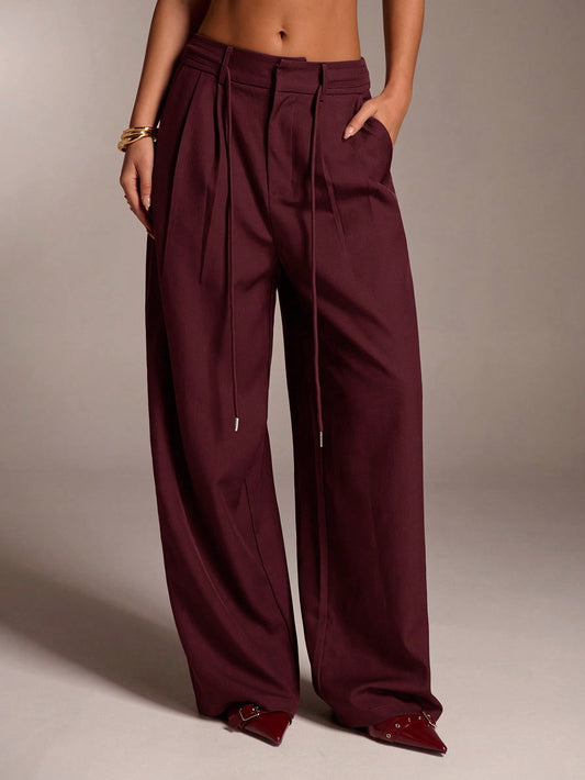 Avantive Women's Burgundy Winter Business Casual Palazzo Pants,Office Wide Leg Trousers,Elegant Straight Leg Baggy Work Clothes,Casual Y2k Vintage Streetwear