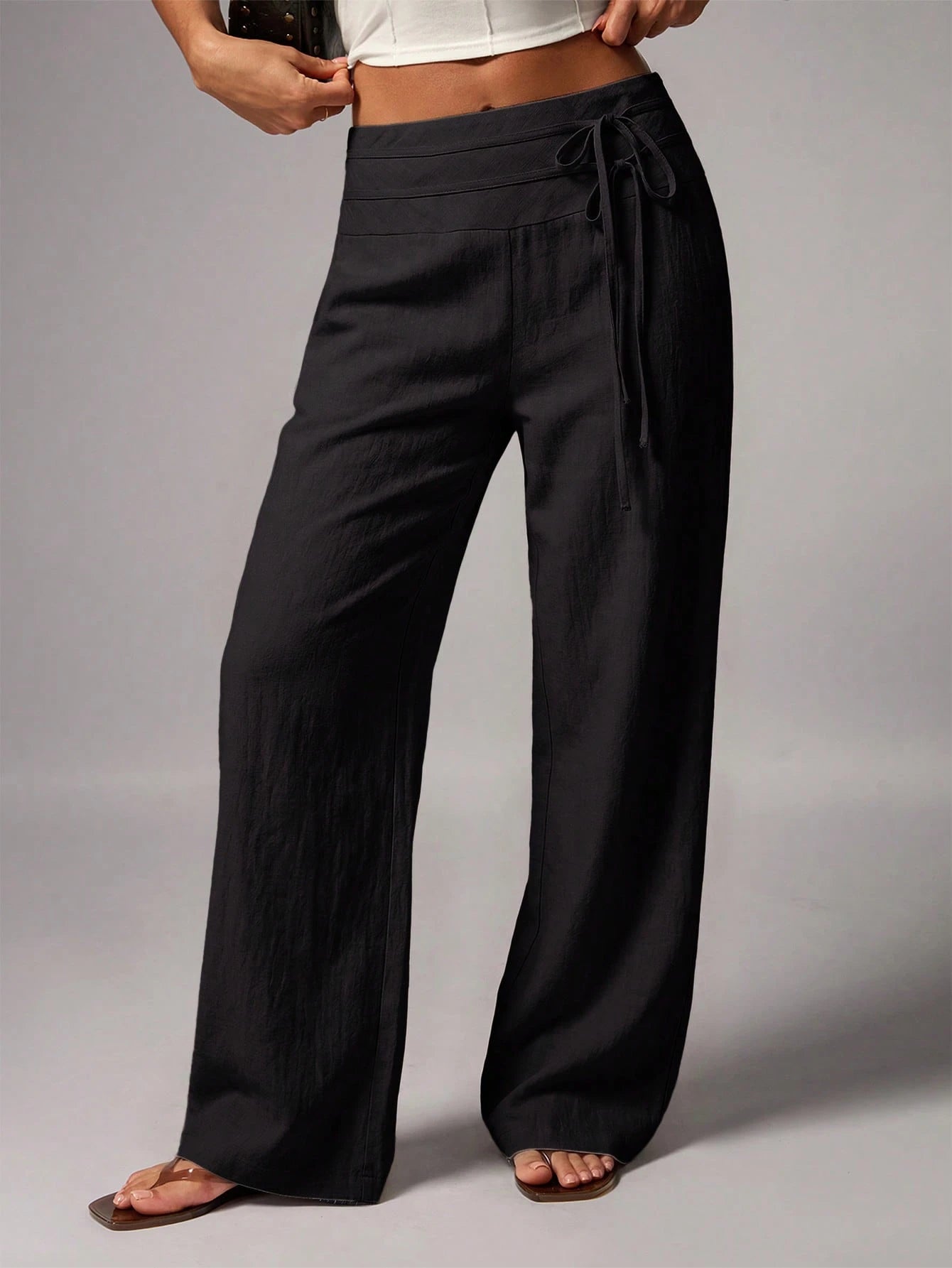 Avenya Linen Casual Loose Waist Tie Decor Floor Length Pants
