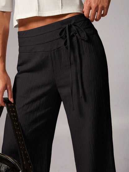 Avenya Linen Casual Loose Waist Tie Decor Floor Length Pants