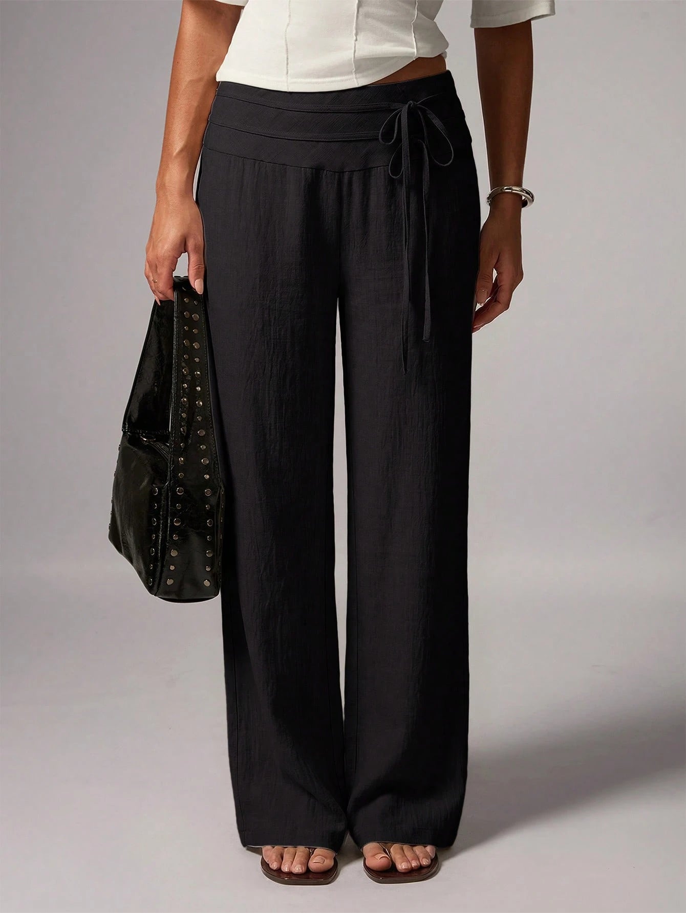 Avenya Linen Casual Loose Waist Tie Decor Floor Length Pants
