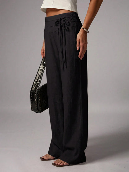 Avenya Linen Casual Loose Waist Tie Decor Floor Length Pants