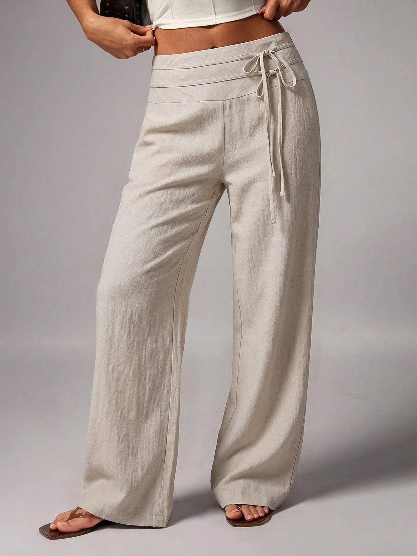 Avenya Linen Casual Loose Waist Tie Decor Floor Length Pants