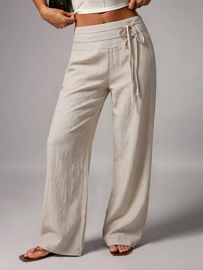 Avenya Linen Casual Loose Waist Tie Decor Floor Length Pants