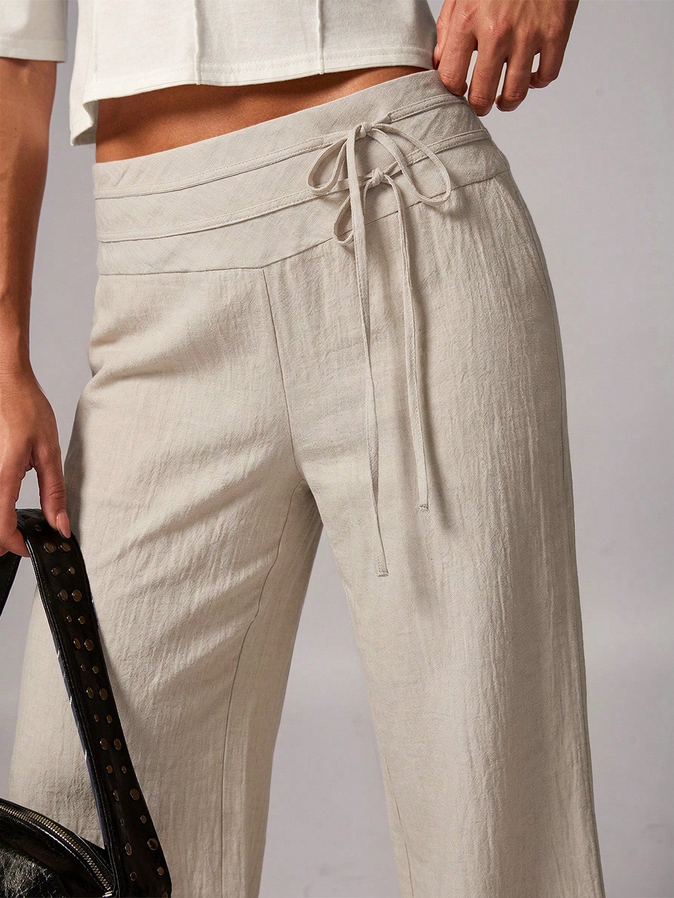 Avenya Linen Casual Loose Waist Tie Decor Floor Length Pants