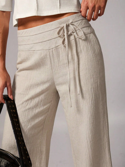 Avenya Linen Casual Loose Waist Tie Decor Floor Length Pants
