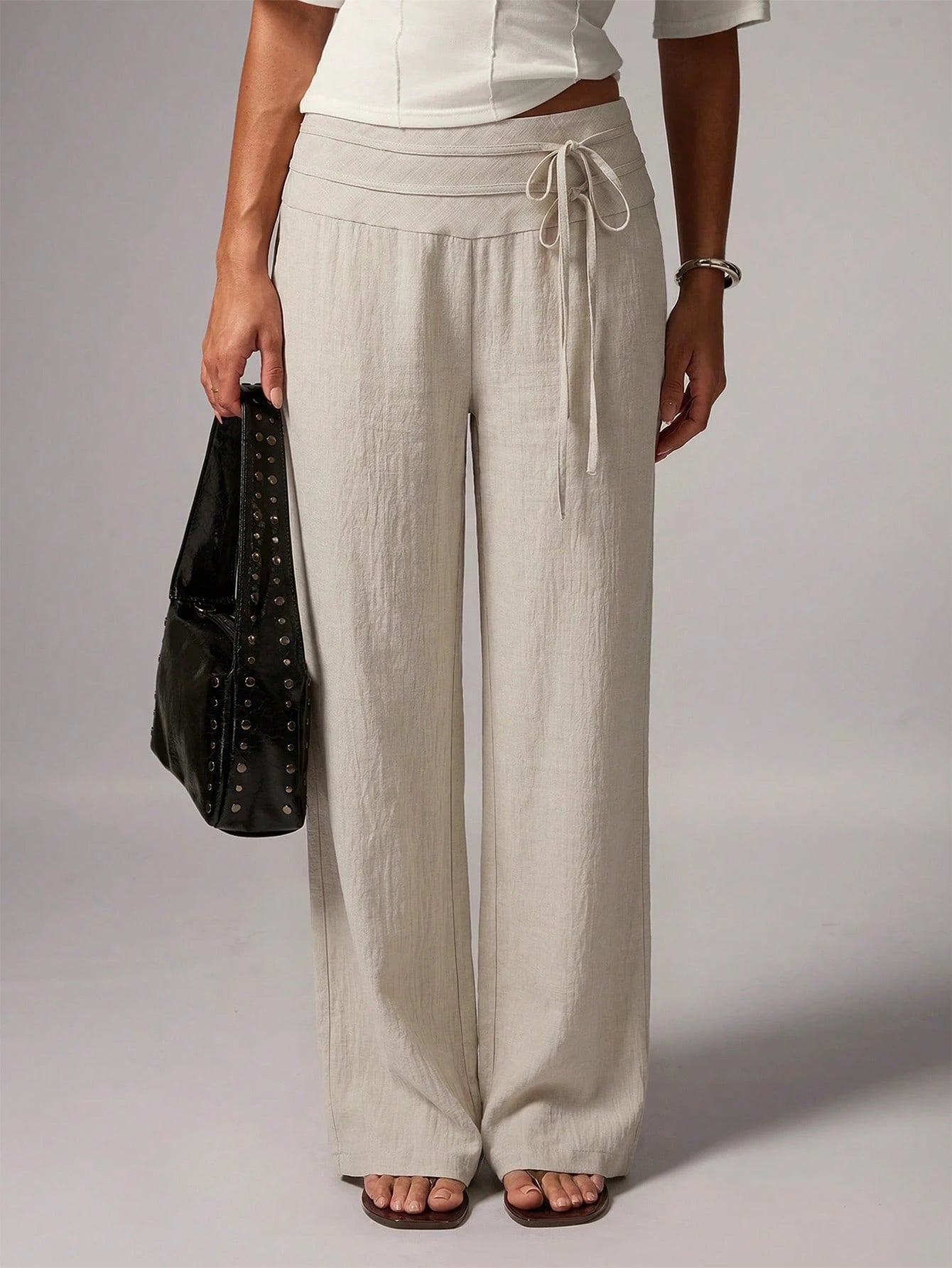 Avenya Linen Casual Loose Waist Tie Decor Floor Length Pants