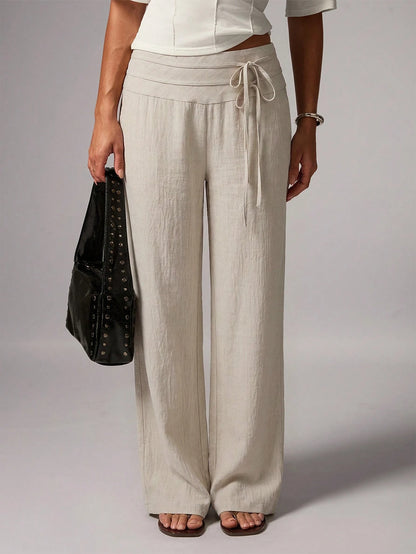 Avenya Linen Casual Loose Waist Tie Decor Floor Length Pants