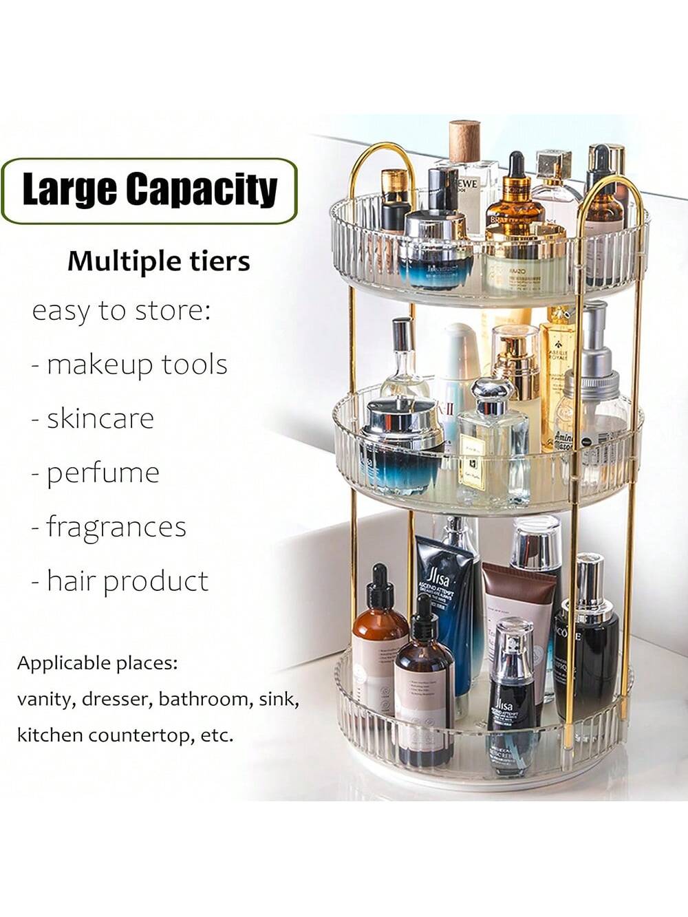 AXOSY-360 Rotating Makeup Organizer Countertop 3 Tier Bathroom Organizer Spinning Perfume Organizers, Skincare Organizers Makeup Carousel Cosmetic Brush Storage For Vanity, Countertop
