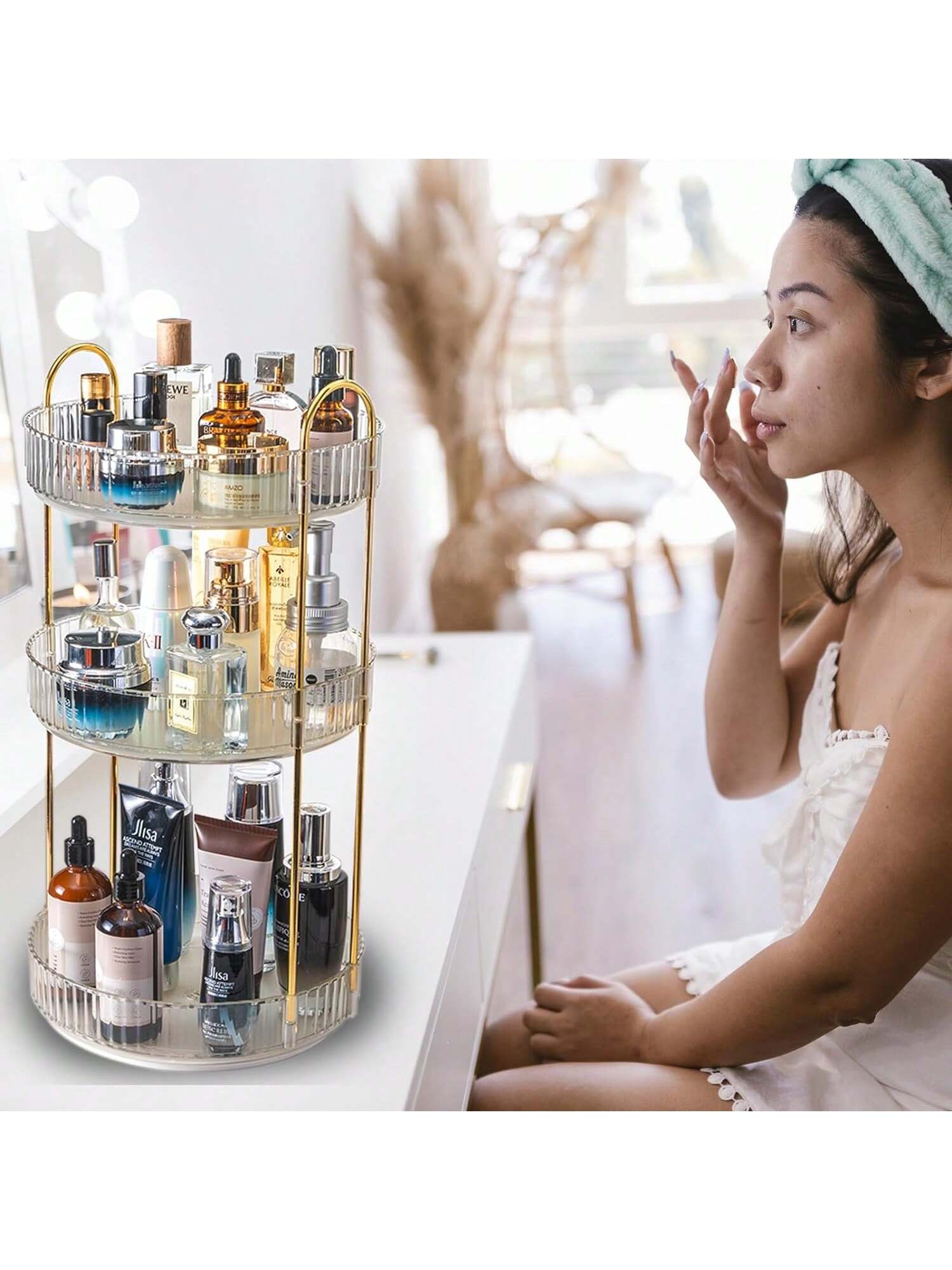 AXOSY-360 Rotating Makeup Organizer Countertop 3 Tier Bathroom Organizer Spinning Perfume Organizers, Skincare Organizers Makeup Carousel Cosmetic Brush Storage For Vanity, Countertop