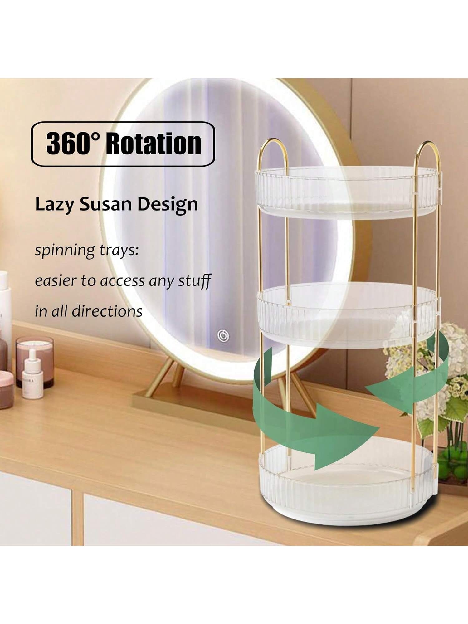 AXOSY-360 Rotating Makeup Organizer Countertop 3 Tier Bathroom Organizer Spinning Perfume Organizers, Skincare Organizers Makeup Carousel Cosmetic Brush Storage For Vanity, Countertop