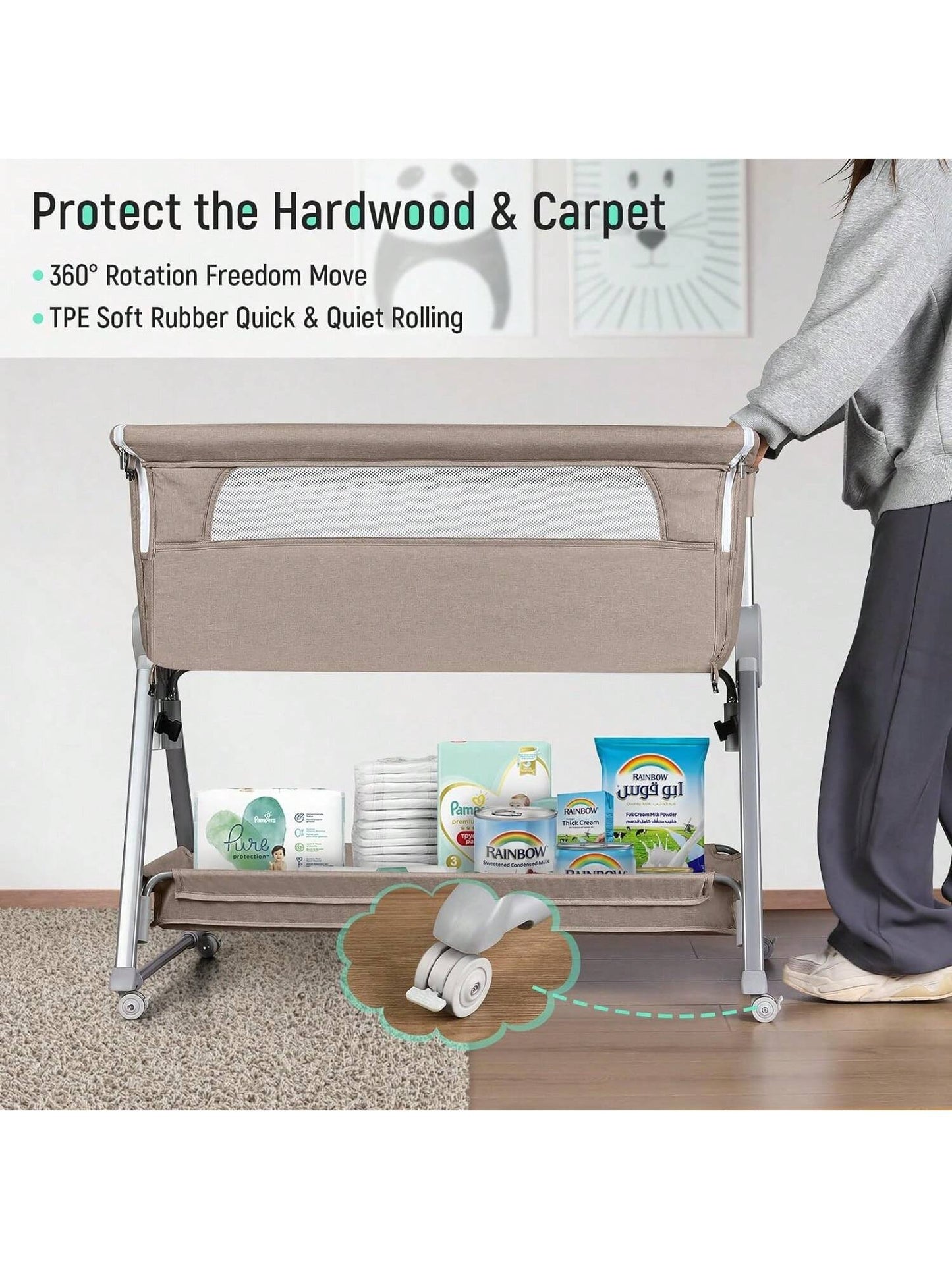 Baby Bassinet, Beside Sleeper For Baby Easy Folding Bedside Bassinet With Storage Basket And Wheels To Reduce Mom's Fatigue (Dark Grey)