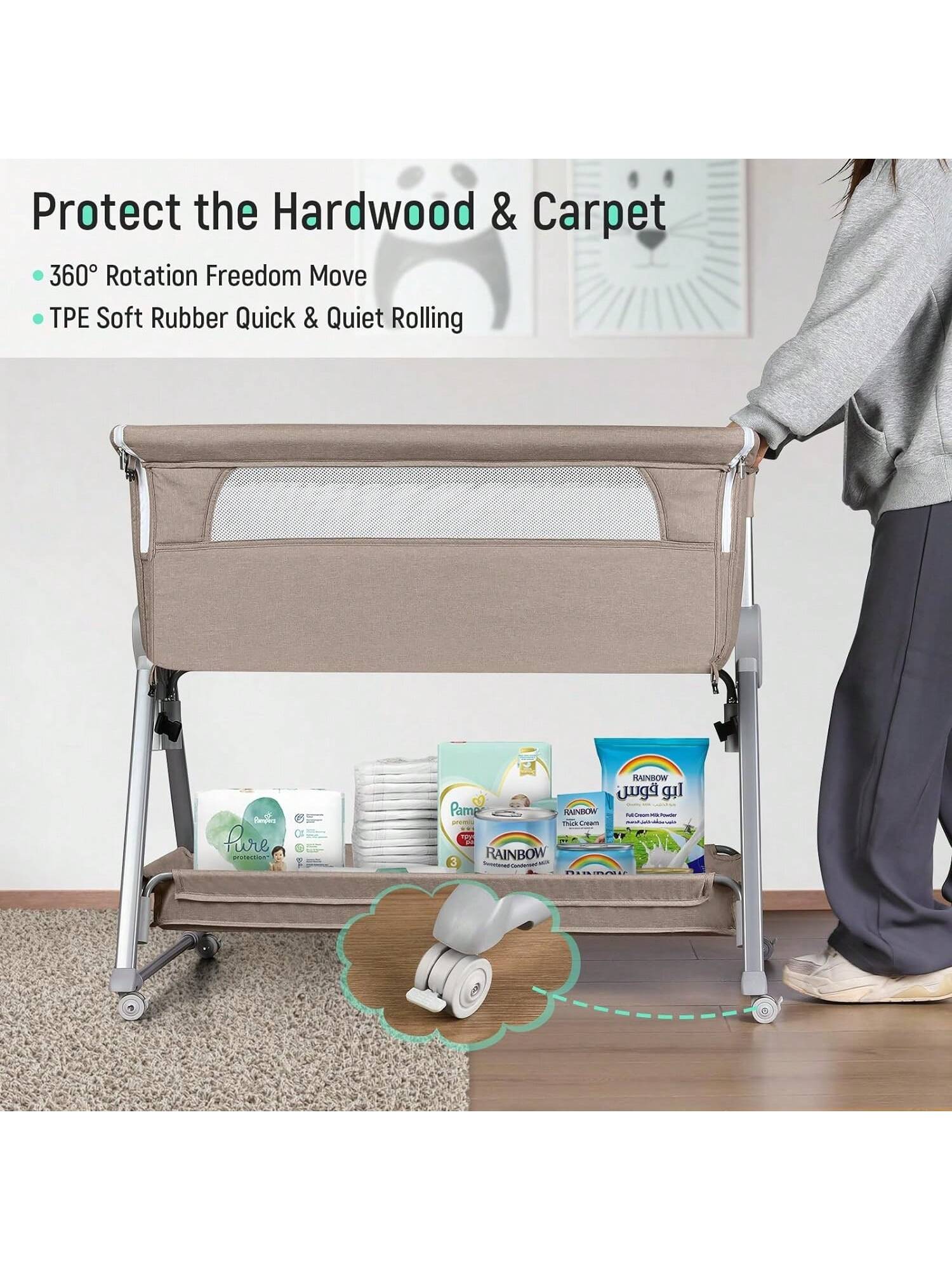 Baby Bassinet, Beside Sleeper For Baby Easy Folding Bedside Bassinet With Storage Basket And Wheels To Reduce Mom's Fatigue (Dark Grey)