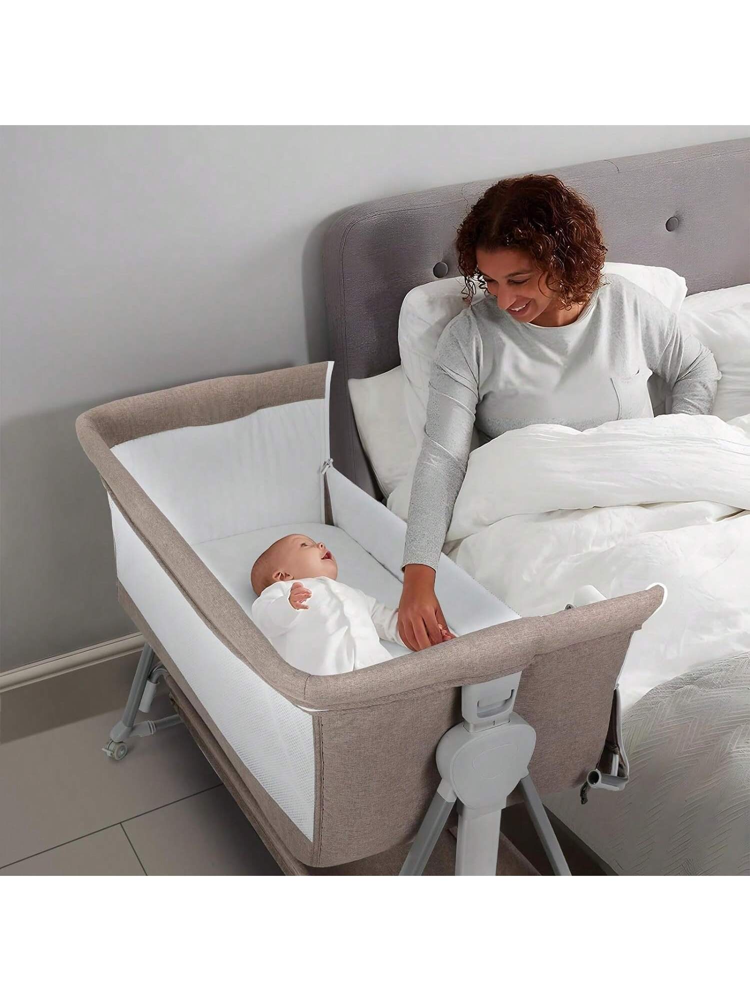 Baby Bassinet, Beside Sleeper For Baby Easy Folding Bedside Bassinet With Storage Basket And Wheels To Reduce Mom's Fatigue (Dark Grey)
