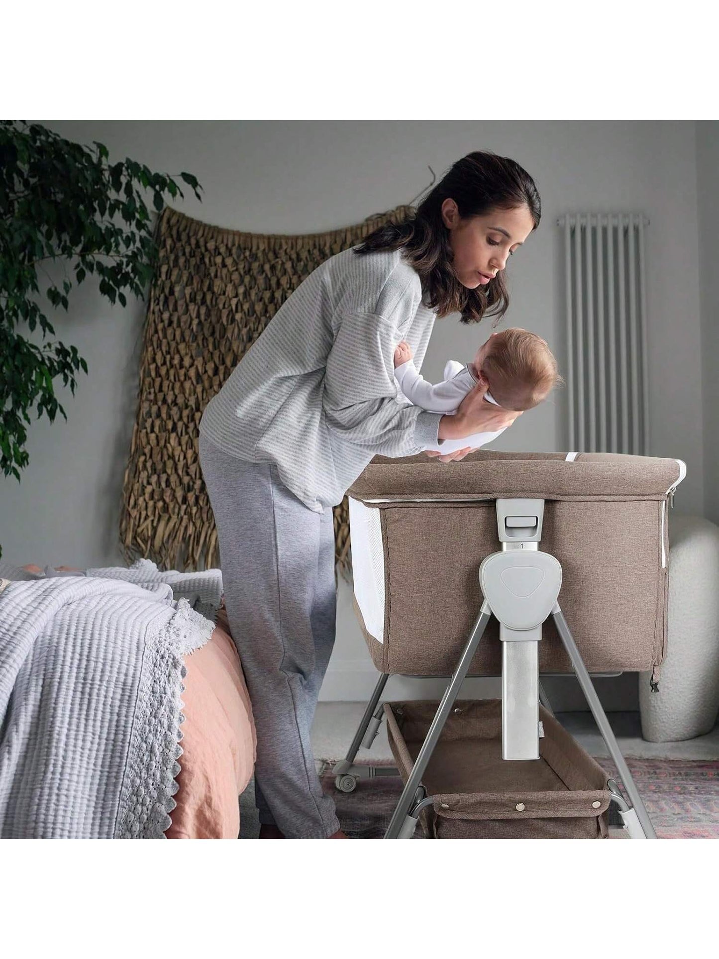 Baby Bassinet, Beside Sleeper For Baby Easy Folding Bedside Bassinet With Storage Basket And Wheels To Reduce Mom's Fatigue (Dark Grey)