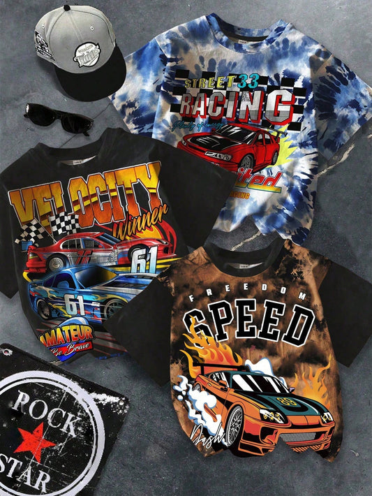 Baby Boy 3-Piece T-Shirt Set,Black,Summer,Street Life Casual Graphic Street Fashion,Carrer Day,Back-To-School,Cool Racing Car Tie-Dye Marble Pattern