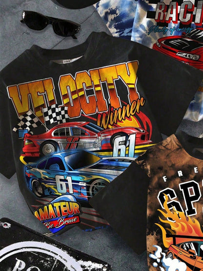Baby Boy 3-Piece T-Shirt Set,Black,Summer,Street Life Casual Graphic Street Fashion,Carrer Day,Back-To-School,Cool Racing Car Tie-Dye Marble Pattern