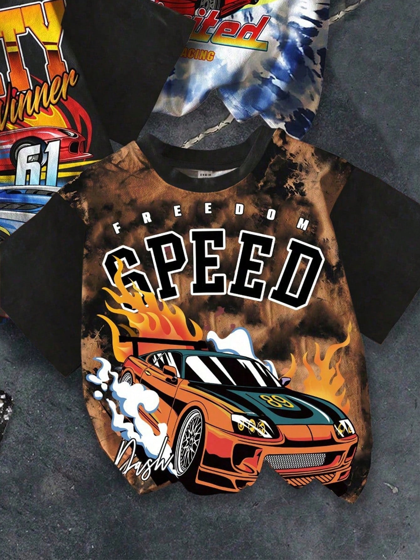 Baby Boy 3-Piece T-Shirt Set,Black,Summer,Street Life Casual Graphic Street Fashion,Carrer Day,Back-To-School,Cool Racing Car Tie-Dye Marble Pattern