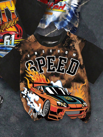 Baby Boy 3-Piece T-Shirt Set,Black,Summer,Street Life Casual Graphic Street Fashion,Carrer Day,Back-To-School,Cool Racing Car Tie-Dye Marble Pattern