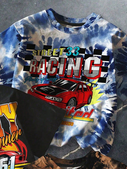 Baby Boy 3-Piece T-Shirt Set,Black,Summer,Street Life Casual Graphic Street Fashion,Carrer Day,Back-To-School,Cool Racing Car Tie-Dye Marble Pattern