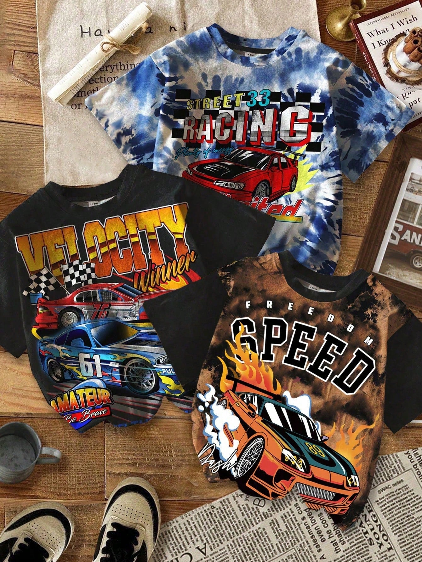 Baby Boy 3-Piece T-Shirt Set,Black,Summer,Street Life Casual Graphic Street Fashion,Carrer Day,Back-To-School,Cool Racing Car Tie-Dye Marble Pattern