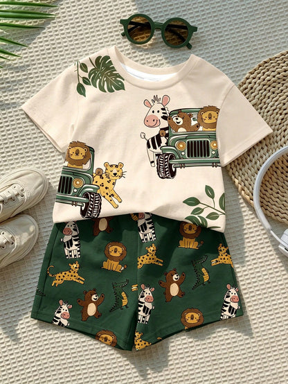 Baby Boy Casual Cartoon Print T-Shirt And Shorts Set, Suitable For Summer